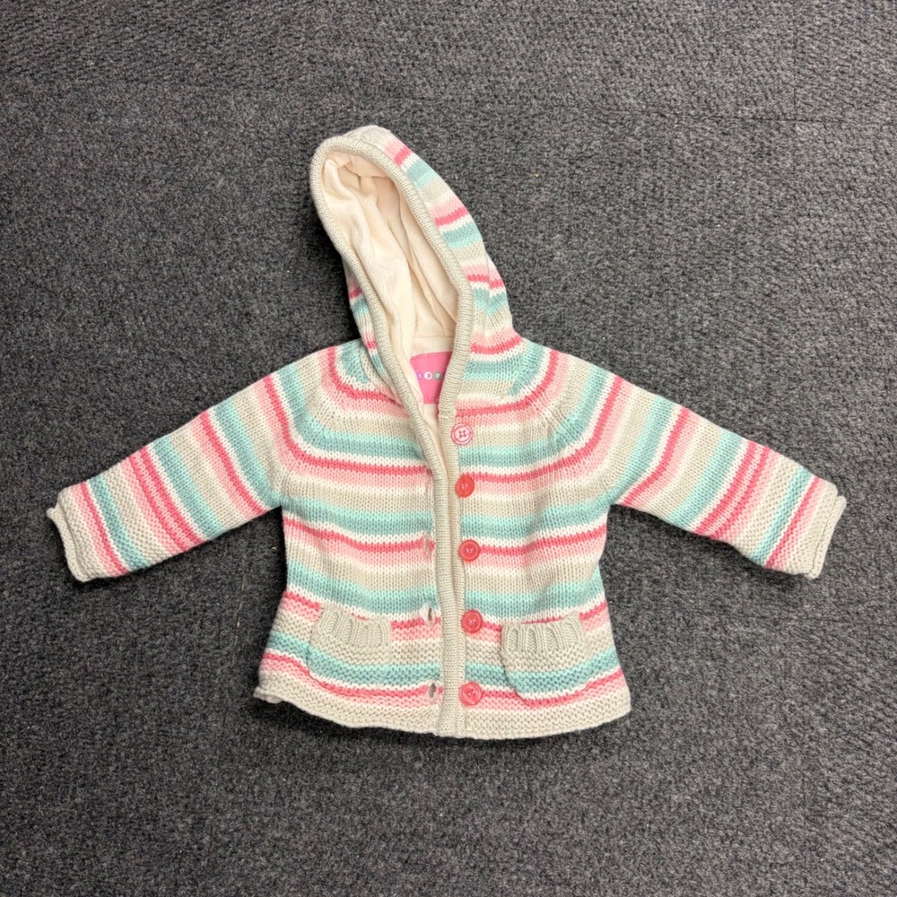 Wippette Kids Baby Girl Striped Hooded Knit Cardigan Sweater Pink Mint 12M